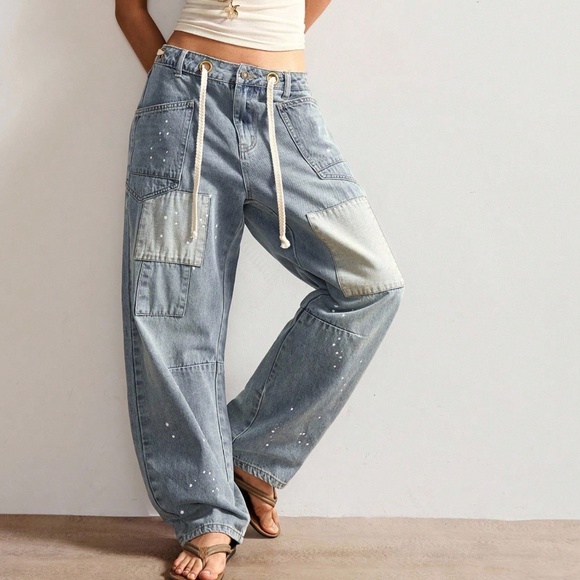 Medium Wash Speckled Color Block Wide leg Denim Jeans - Picture 1 of 6